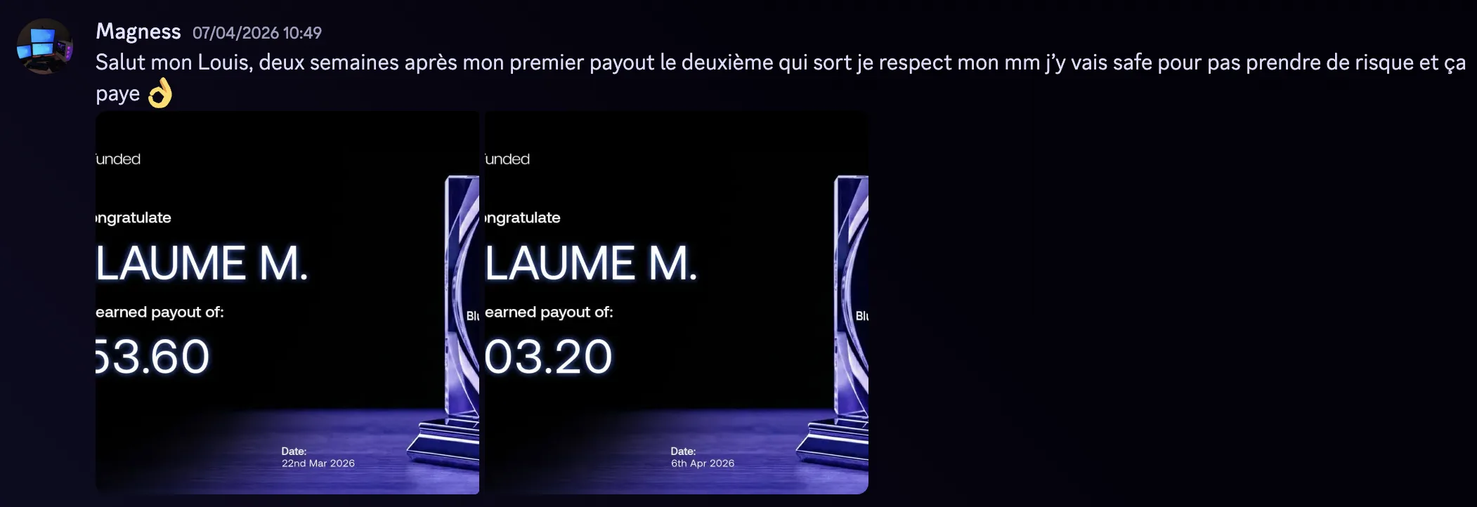 Capture de résultat et payout dans le groupe Discord